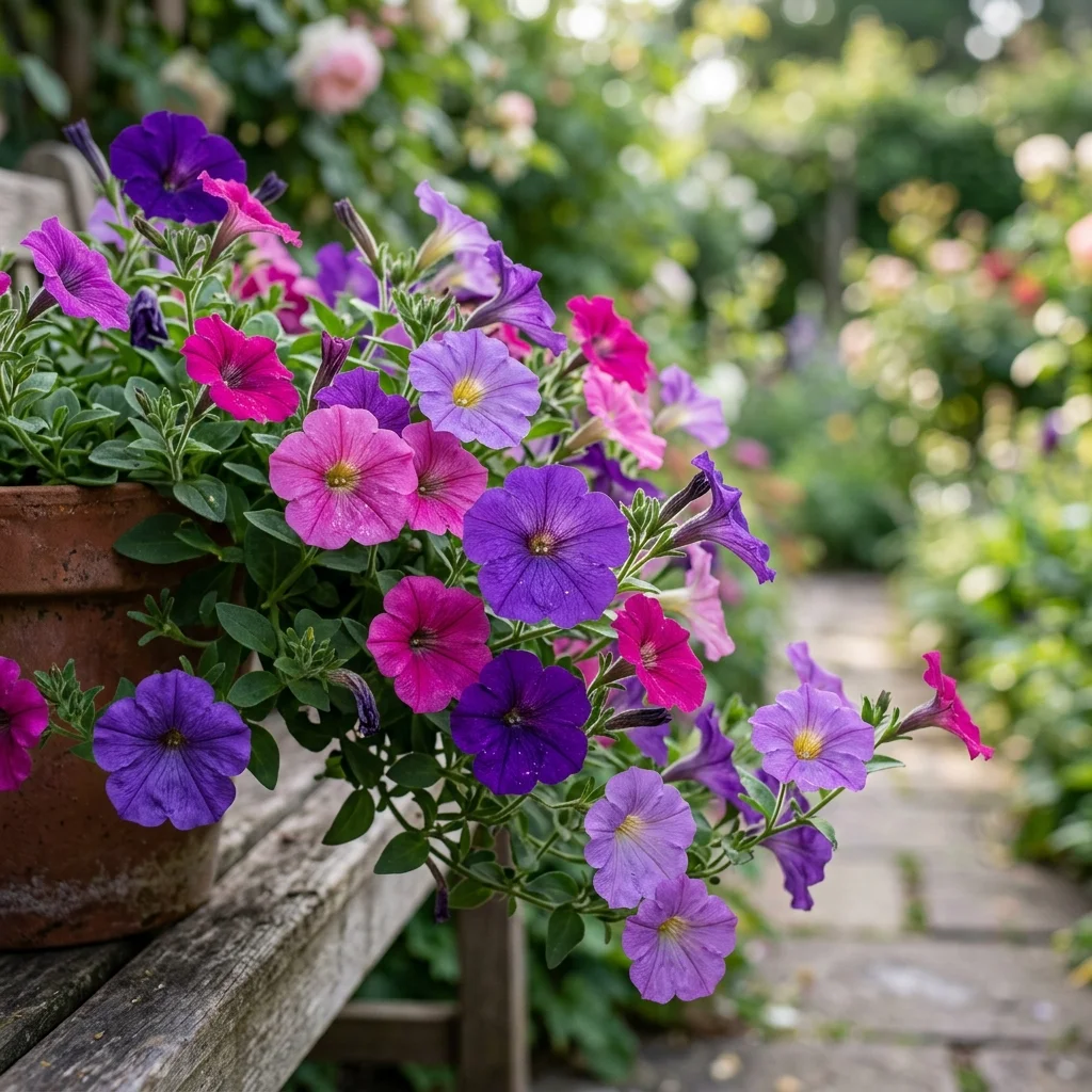 Blooming petunias purple pink