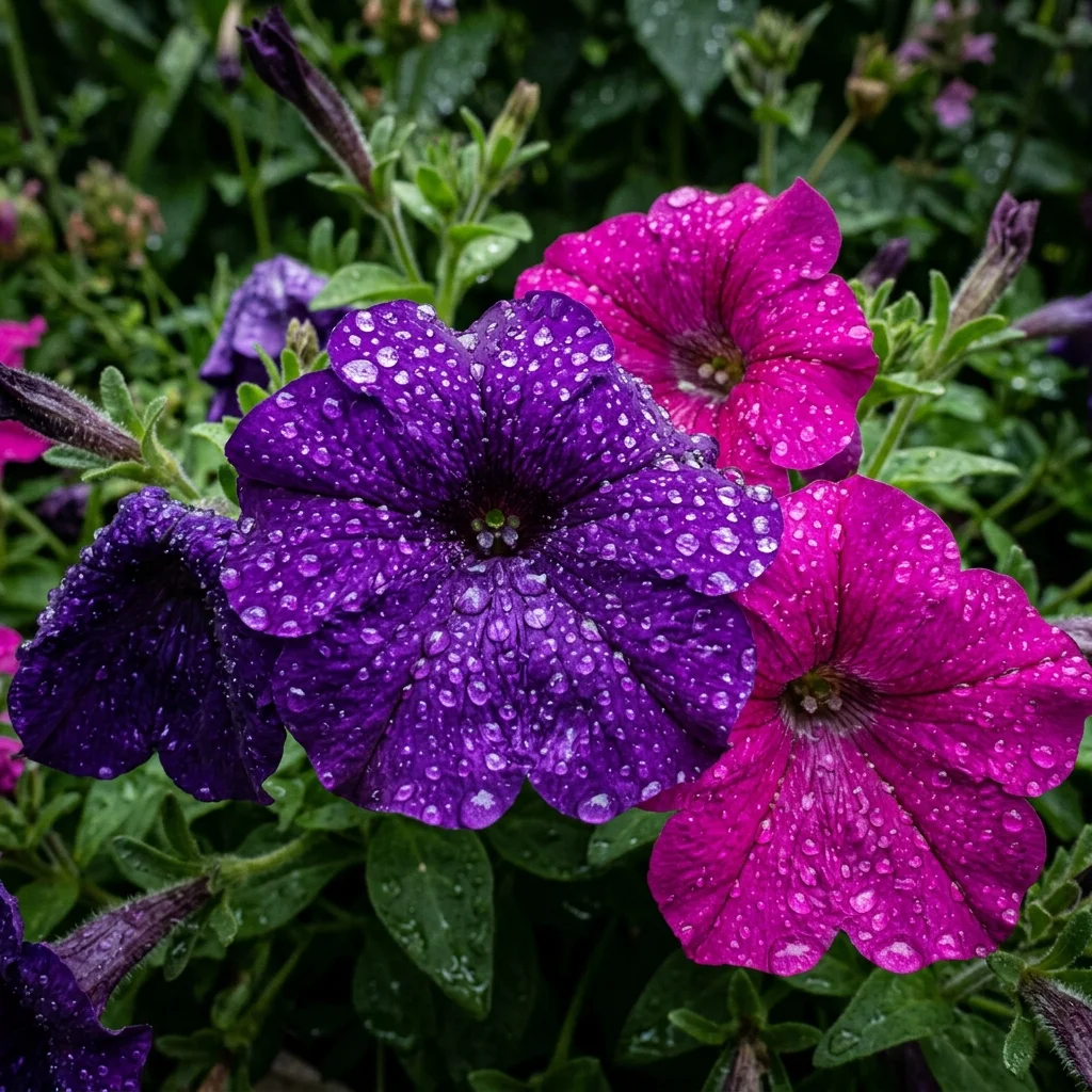 Petunias covered with raindrops