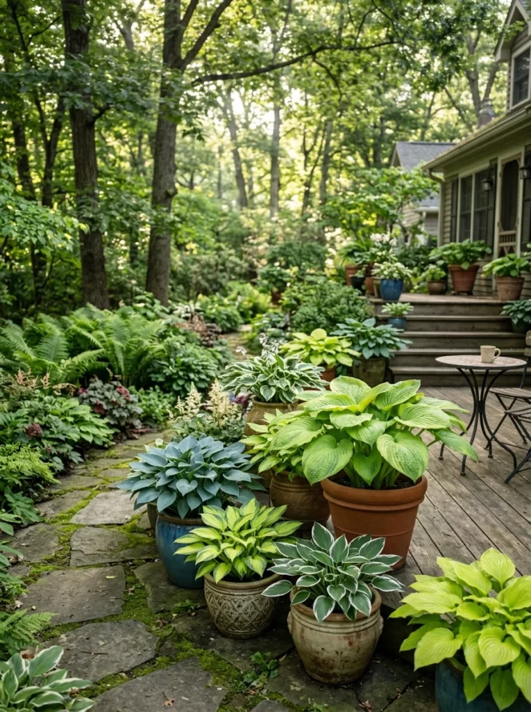 Garden patio with hostas