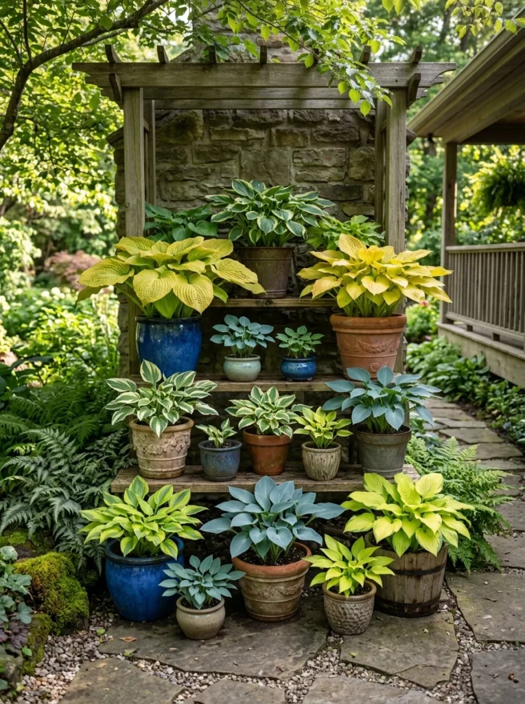 Hostas growing in containers porch