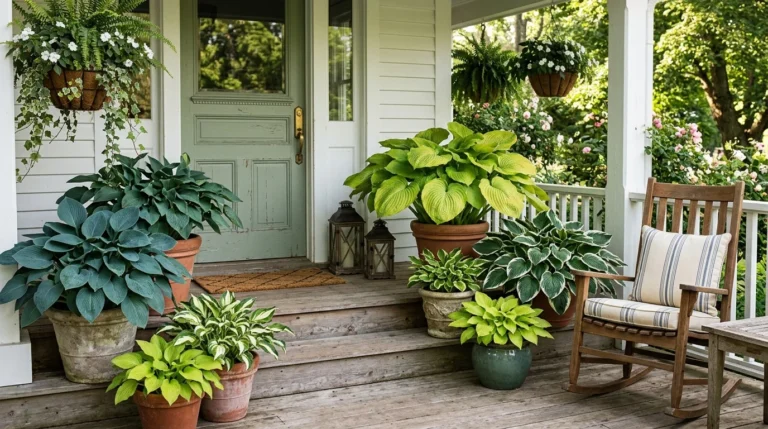 Farmhouse porch with potted hostas